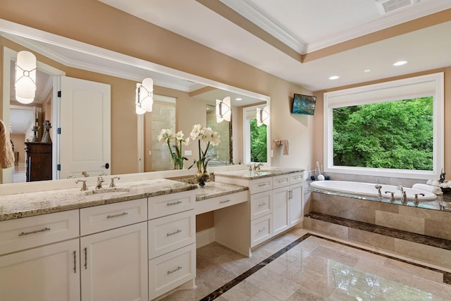 1910 Shoreline Dr, Orono, MN 55391 - bathroom featuring inlaid floor details, vanity, ornamental molding, a bath, and recessed lighting
