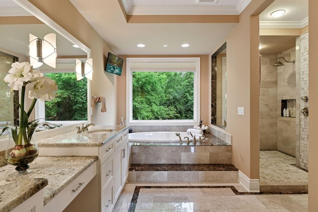 1910 Shoreline Dr, Orono, MN 55391 - full bath featuring a bath, a walk in shower, vanity, ornamental molding, and inlaid floor details
