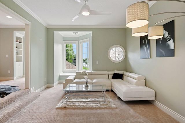 1910 Shoreline Dr, Orono, MN 55391 - living area with carpet, crown molding, and ceiling fan