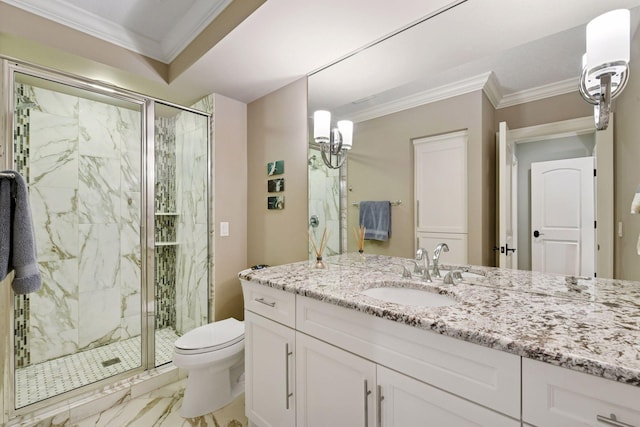1910 Shoreline Dr, Orono, MN 55391 - full bathroom with marble look tile flooring, a marble finish shower, ornamental molding, vanity, and a chandelier