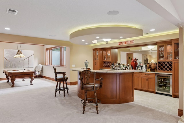 1910 Shoreline Dr, Orono, MN 55391 - indoor wet bar with wine cooler, light colored carpet, billiards table, and recessed lighting