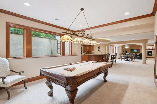 1910 Shoreline Dr, Orono, MN 55391 - game room featuring light colored carpet, billiards, ornate columns, crown molding, and recessed lighting