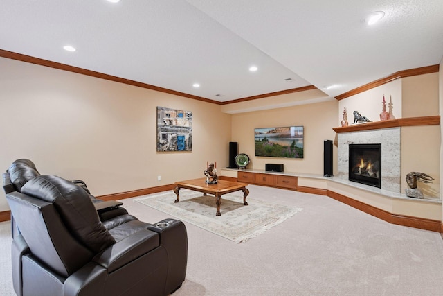 1910 Shoreline Dr, Orono, MN 55391 - carpeted living area featuring crown molding, recessed lighting, and a high end fireplace