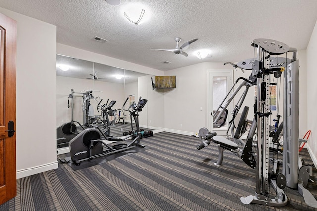 1910 Shoreline Dr, Orono, MN 55391 - exercise room featuring ceiling fan, carpet, and a textured ceiling