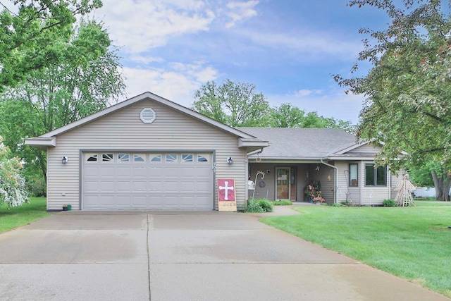 909 Lilac Ln, Little Falls, MN 56345 - ranch-style home featuring a front lawn, a garage, concrete driveway, and a shingled roof