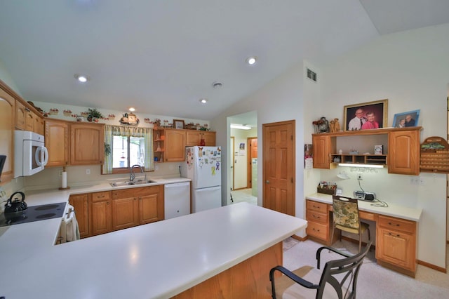 909 Lilac Ln, Little Falls, MN 56345 - kitchen featuring open shelves, white appliances, a sink, lofted ceiling, and light countertops