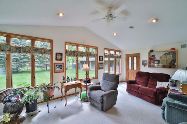 909 Lilac Ln, Little Falls, MN 56345 - carpeted living area featuring lofted ceiling, ceiling fan, baseboards, and recessed lighting