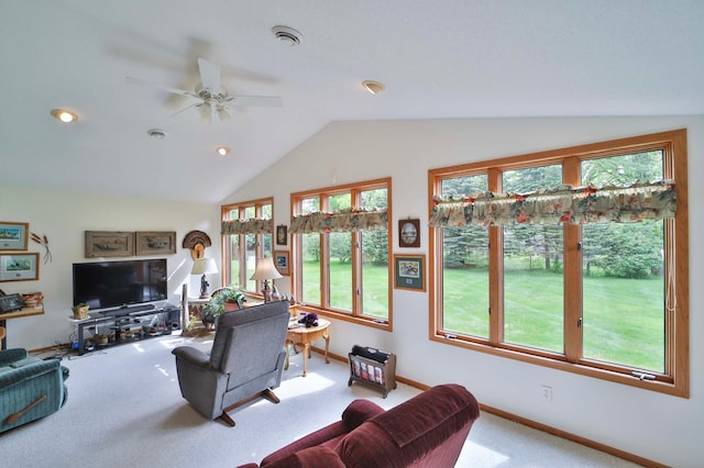909 Lilac Ln, Little Falls, MN 56345 - living room with carpet, lofted ceiling, baseboards, a ceiling fan, and recessed lighting