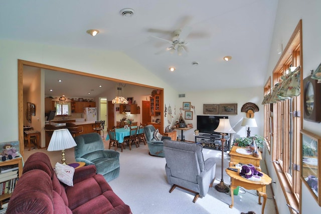 909 Lilac Ln, Little Falls, MN 56345 - living area featuring lofted ceiling, a ceiling fan, carpet floors, and recessed lighting