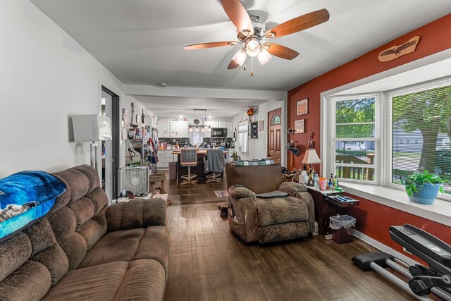 820 6th St, Montevideo, MN 56265 - living area featuring a ceiling fan and dark wood-style floors