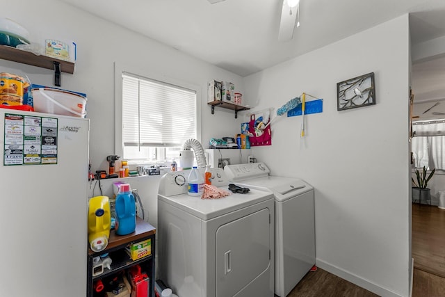 820 6th St, Montevideo, MN 56265 - laundry room with separate washer and dryer, dark wood-style floors, ceiling fan, and baseboards