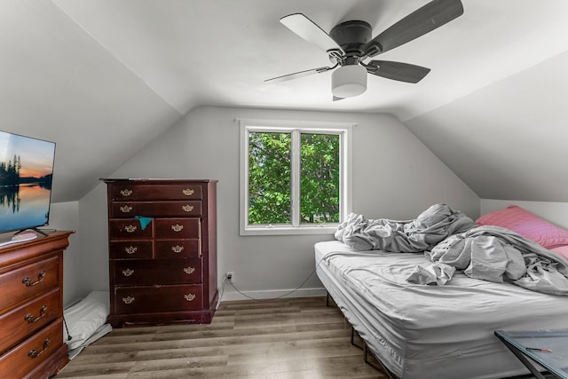 820 6th St, Montevideo, MN 56265 - bedroom featuring vaulted ceiling, wood finished floors, and ceiling fan
