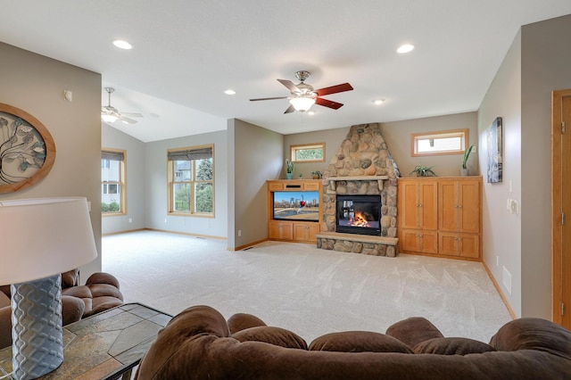 15285 Quinn St NW, Andover, MN 55304 - living area featuring ceiling fan, baseboards, light carpet, a fireplace, and recessed lighting