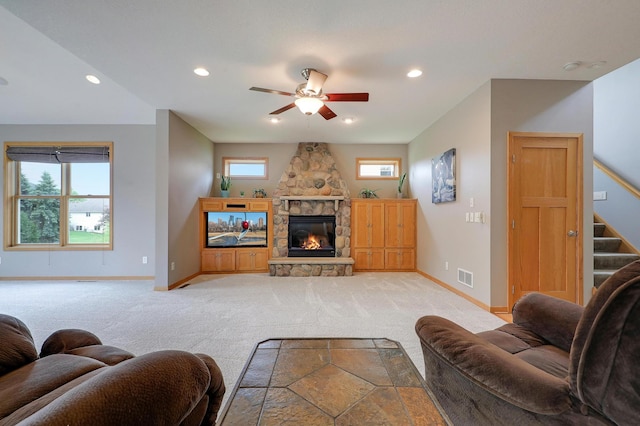 15285 Quinn St NW, Andover, MN 55304 - living room featuring baseboards, light colored carpet, ceiling fan, stairs, and recessed lighting