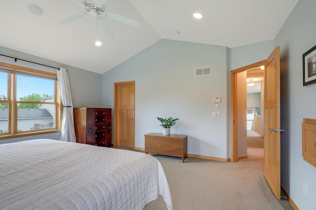 15285 Quinn St NW, Andover, MN 55304 - bedroom featuring light carpet, lofted ceiling, baseboards, recessed lighting, and a ceiling fan