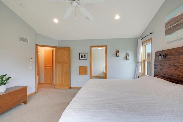15285 Quinn St NW, Andover, MN 55304 - bedroom with vaulted ceiling, light carpet, baseboards, recessed lighting, and a ceiling fan