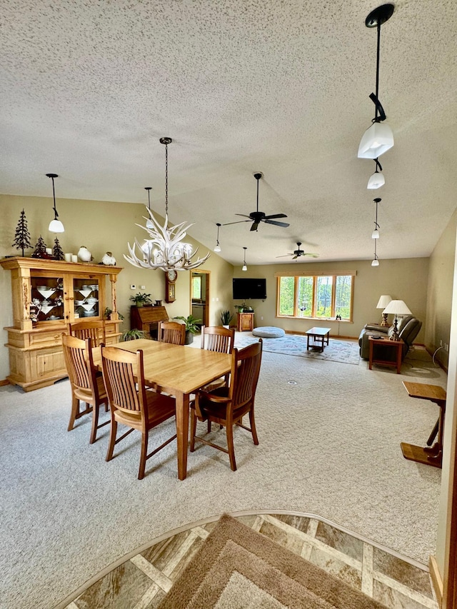 11777 State Highway 11 SE, Baudette, MN 56623 - carpeted dining space with a textured ceiling, a ceiling fan, and a chandelier