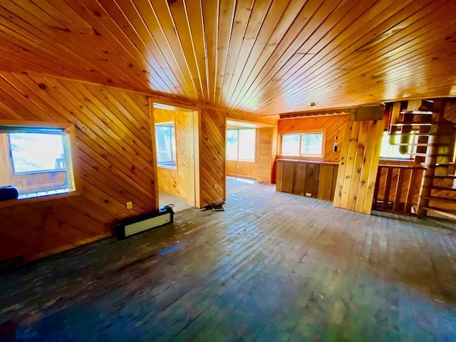 6974 Bankers Dr, Minong, WI 54859 - unfurnished living room featuring wood-type flooring, wooden ceiling, and wood walls