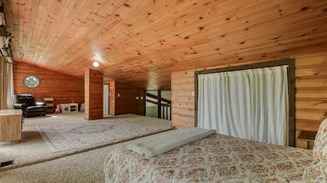 N10221 970th St, Grant Twp, WI 54730 - carpeted bedroom with wooden walls, lofted ceiling, and wooden ceiling