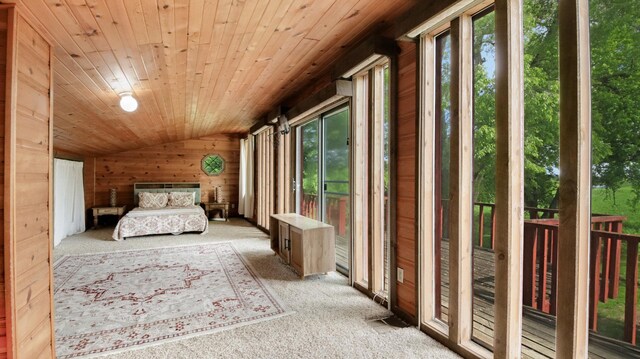 N10221 970th St, Grant Twp, WI 54730 - unfurnished bedroom featuring light colored carpet, lofted ceiling, multiple windows, wooden walls, and access to outside
