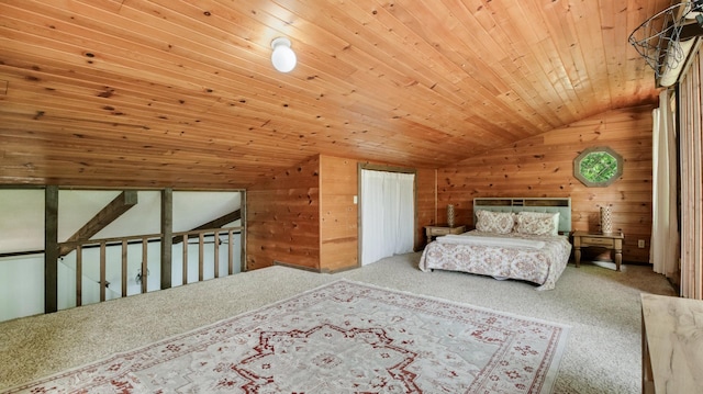 N10221 970th St, Grant Twp, WI 54730 - carpeted bedroom featuring lofted ceiling, wood walls, wooden ceiling, and multiple windows