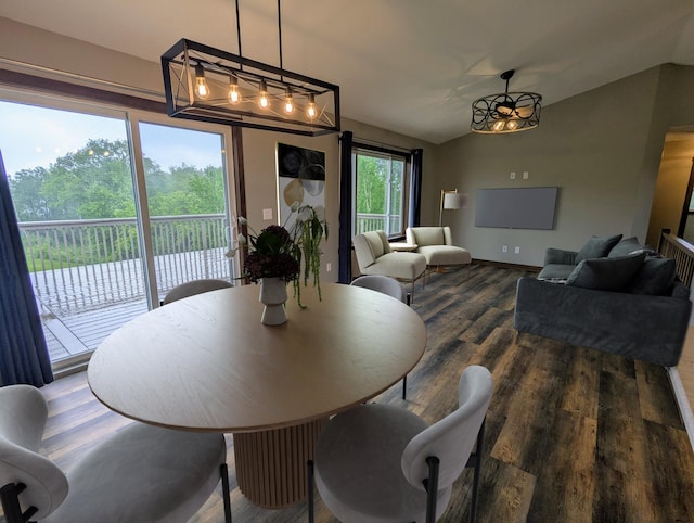 26884 709th St, Lake City, MN 55041 - dining space with vaulted ceiling, dark wood finished floors, baseboards, and a chandelier