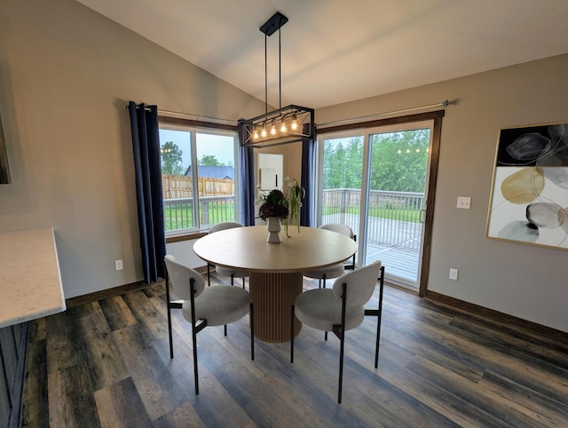 26884 709th St, Lake City, MN 55041 - dining room with lofted ceiling, dark wood finished floors, a chandelier, and baseboards