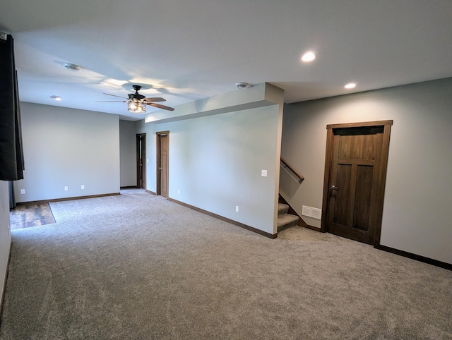 26884 709th St, Lake City, MN 55041 - spare room with carpet floors, a ceiling fan, stairs, recessed lighting, and baseboards