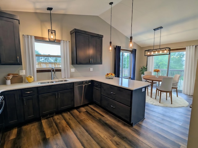 26884 709th St, Lake City, MN 55041 - kitchen featuring a sink, dark wood-style floors, dishwasher, lofted ceiling, and a peninsula