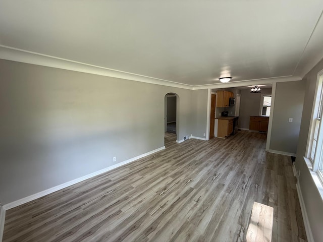 446 Darwin St, Litchfield, MN 55355 - unfurnished living room featuring arched walkways, wood finished floors, and baseboards