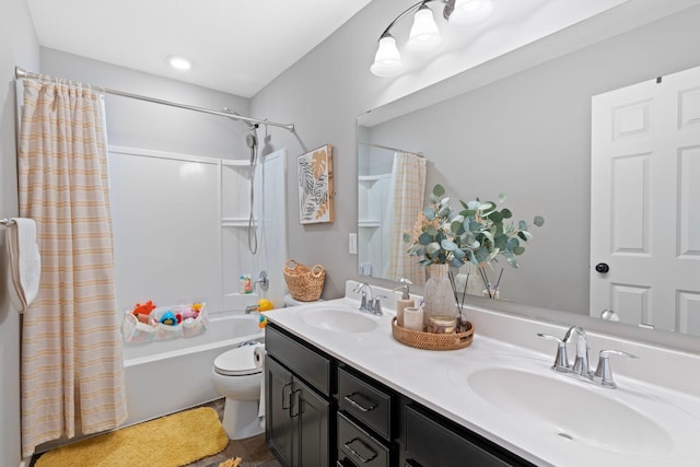 6980 Archer Trl, Inver Grove Heights, MN 55077 - full bathroom featuring shower / tub combo with curtain, double vanity, and toilet
