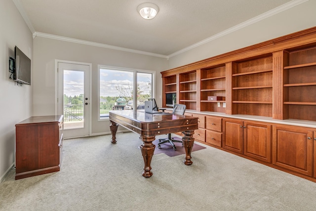 3877 Fairway Dr, Woodbury, MN 55125 - office area featuring crown molding, light carpet, and baseboards