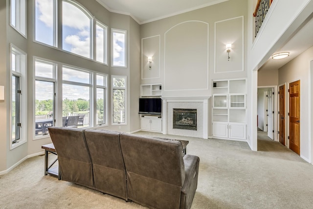 3877 Fairway Dr, Woodbury, MN 55125 - living room with light colored carpet, a brick fireplace, healthy amount of natural light, a high ceiling, and baseboards