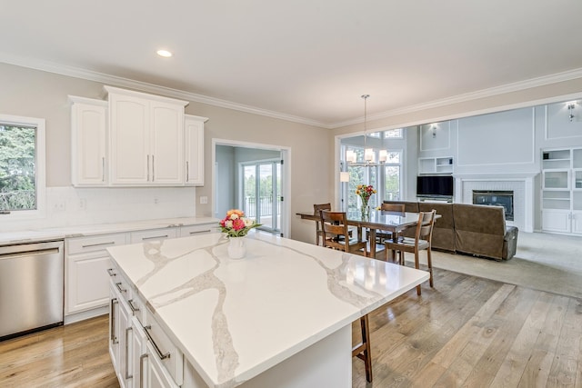 3877 Fairway Dr, Woodbury, MN 55125 - kitchen featuring dishwasher, ornamental molding, light wood-type flooring, white cabinetry, and light stone countertops