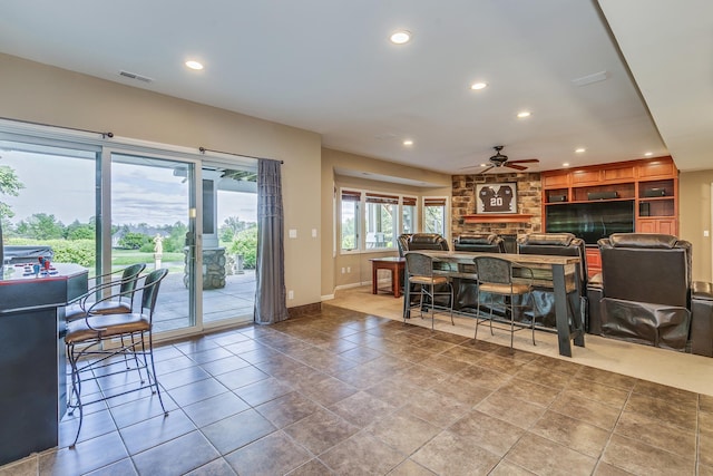 3877 Fairway Dr, Woodbury, MN 55125 - kitchen featuring a ceiling fan, recessed lighting, baseboards, open floor plan, and tile patterned flooring