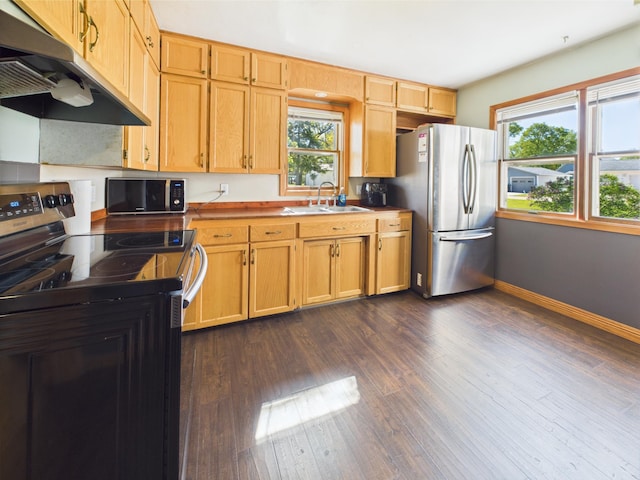302 2nd St S, Melrose, MN 56352 - kitchen with under cabinet range hood, appliances with stainless steel finishes, a sink, and healthy amount of natural light