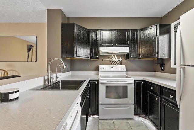 445 Shelard Pkwy Unit 204, Saint Louis Park, MN 55426 - kitchen with white appliances, under cabinet range hood, a sink, and dark cabinetry