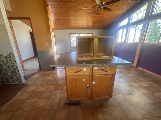 28 Cypress Blvd, Babbitt, MN 55706 - kitchen with vaulted ceiling, wooden ceiling, ceiling fan, healthy amount of natural light, and baseboards