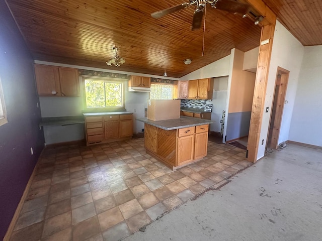 28 Cypress Blvd, Babbitt, MN 55706 - kitchen featuring baseboards, wooden ceiling, backsplash, a center island, and ceiling fan