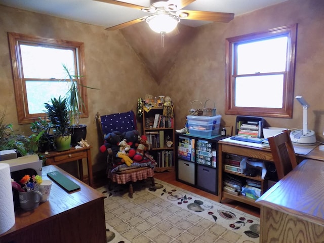 534 200th St, Cedar Twp, MN 56176 - office space featuring ceiling fan, light wood-style floors, and vaulted ceiling