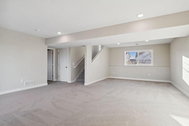 2701 213th St W, Farmington, MN 55024 - basement with carpet floors, stairway, baseboards, and recessed lighting