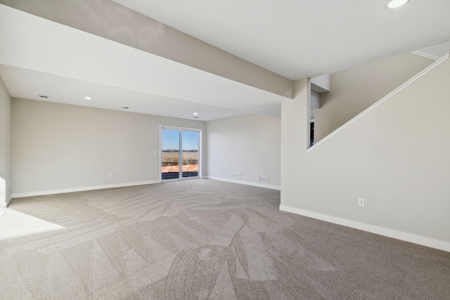 2701 213th St W, Farmington, MN 55024 - unfurnished living room with carpet, recessed lighting, baseboards, and stairway