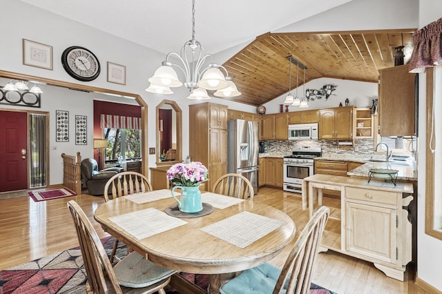 15144 Zilla St NW, Andover, MN 55304 - dining area featuring a chandelier, light wood-style floors, wooden ceiling, high vaulted ceiling, and arched walkways