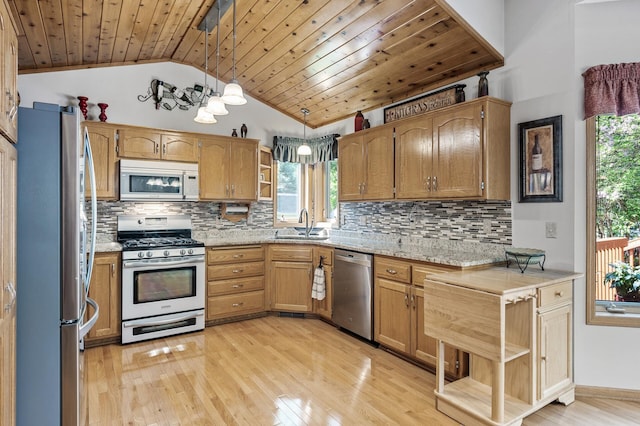 15144 Zilla St NW, Andover, MN 55304 - kitchen with stainless steel appliances, lofted ceiling, wooden ceiling, light wood-type flooring, and open shelves
