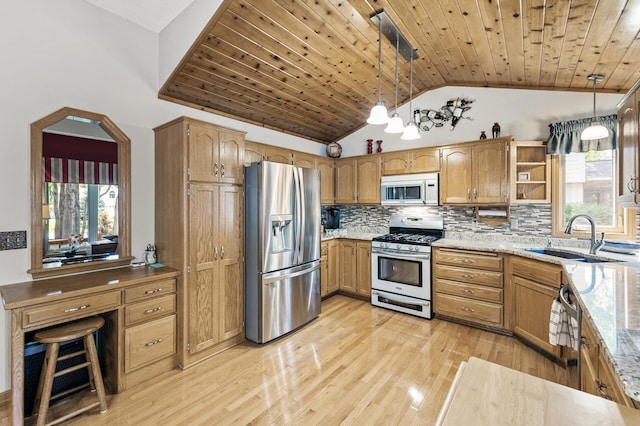 15144 Zilla St NW, Andover, MN 55304 - kitchen featuring appliances with stainless steel finishes, light wood-type flooring, wood ceiling, vaulted ceiling, and a sink