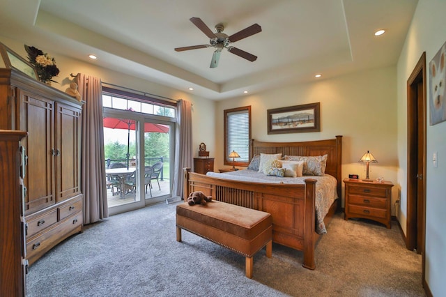 23369 330th St, Sebeka, MN 56477 - bedroom featuring light carpet, access to outside, a raised ceiling, recessed lighting, and ceiling fan
