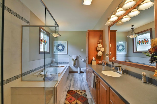 23369 330th St, Sebeka, MN 56477 - bathroom with vanity, a garden tub, toilet, a shower stall, and wood finished floors