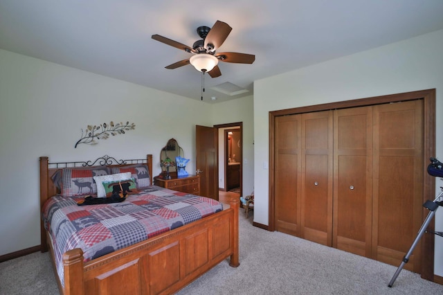 23369 330th St, Sebeka, MN 56477 - bedroom with light carpet, a closet, baseboards, and a ceiling fan