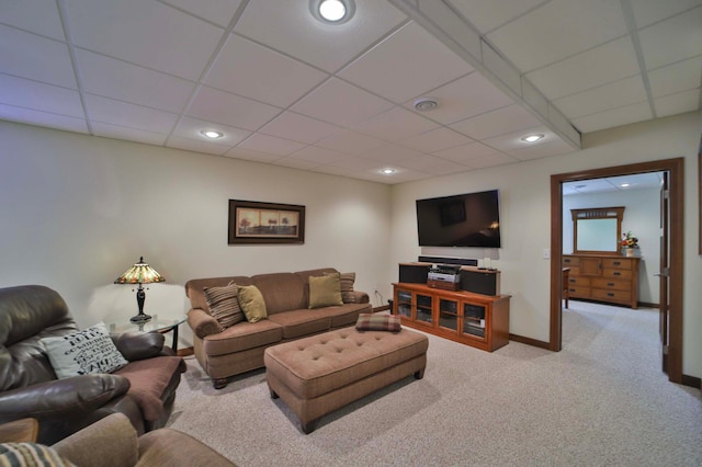 23369 330th St, Sebeka, MN 56477 - carpeted living room featuring a drop ceiling, recessed lighting, and baseboards