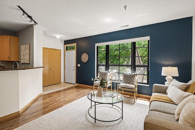 2566 Ellis Ave Unit 124, Saint Paul, MN 55114 - living room with light wood finished floors, a textured ceiling, track lighting, and baseboards